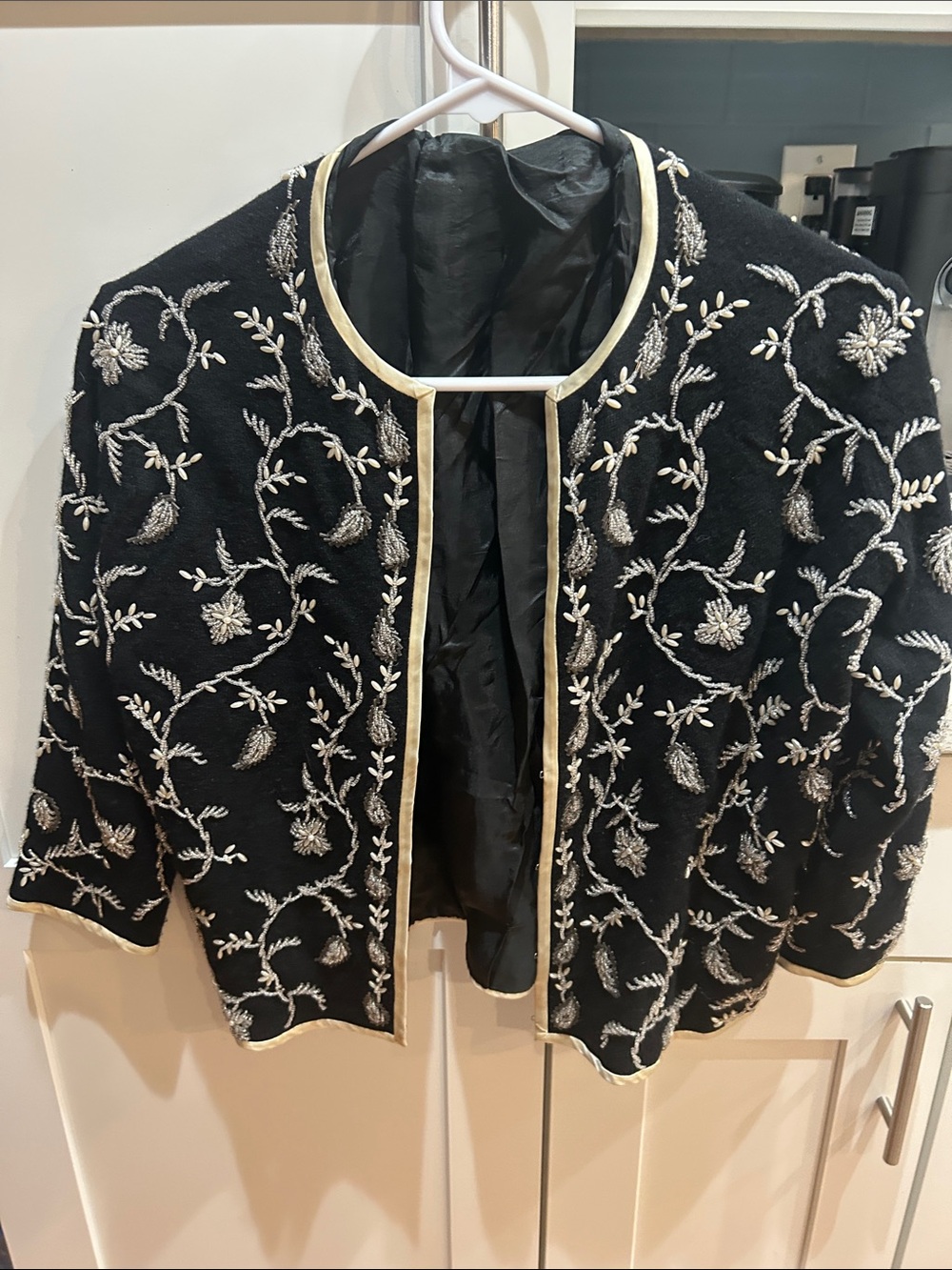 Black Embroidered Open-Front Women's Jacket with Cream Trim